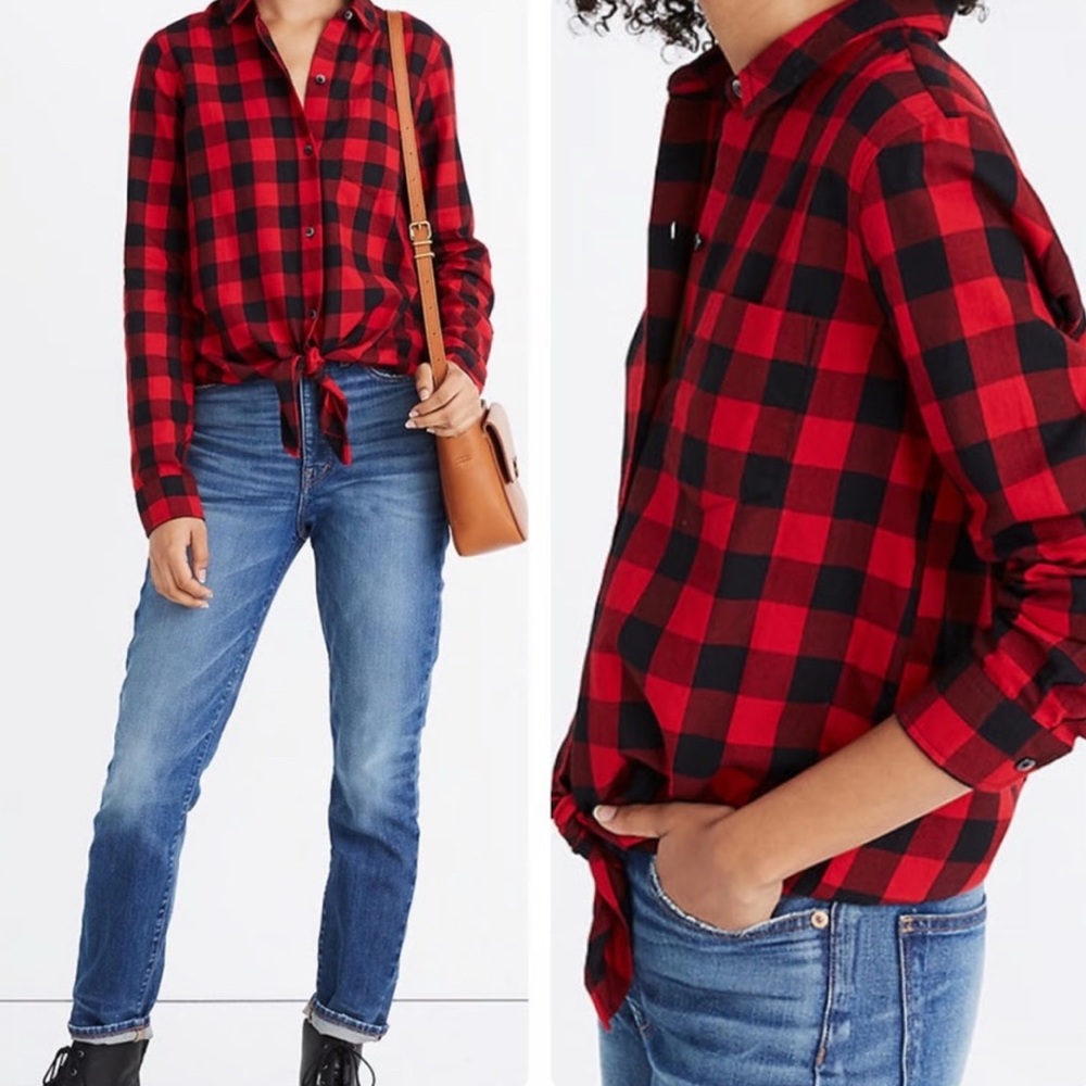 Madewell Tie Waist Buffalo Check Flannel Shirt Sz L Cabincore Fisherman Western